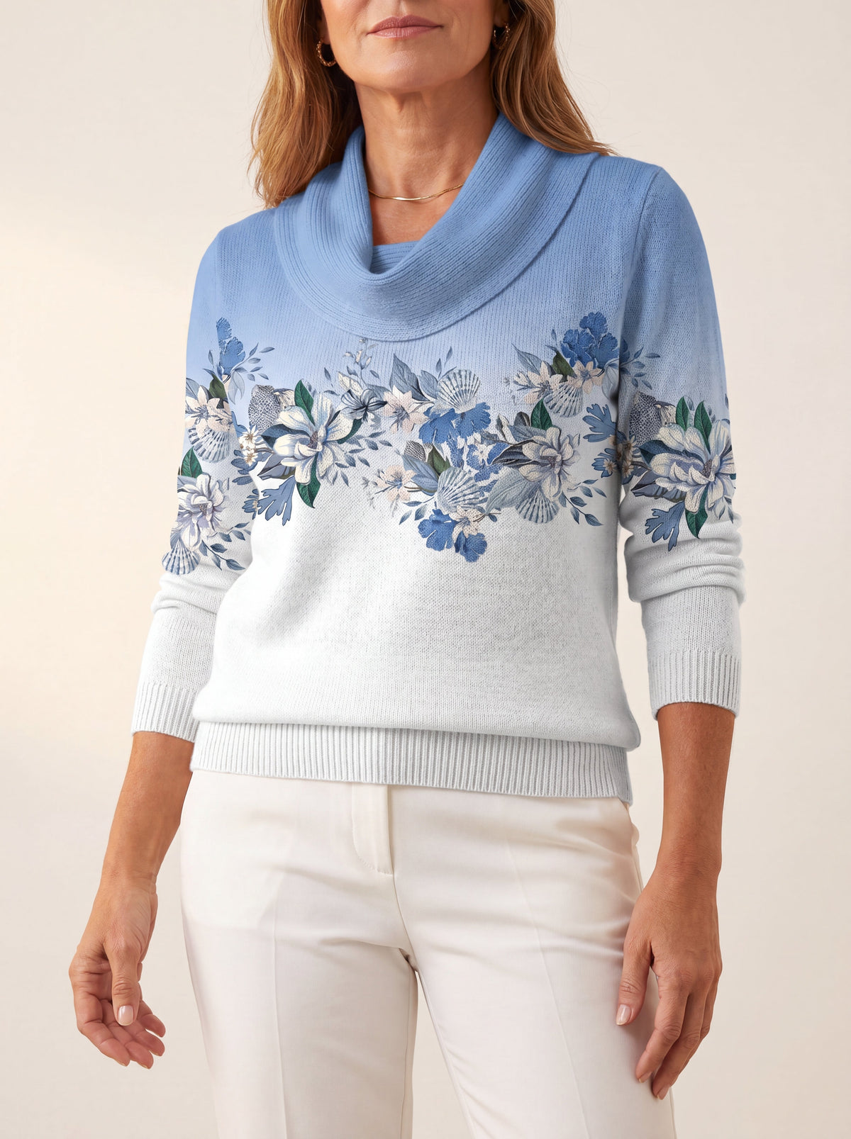Jersey de cuello drapeado con estampado floral «Celeste»