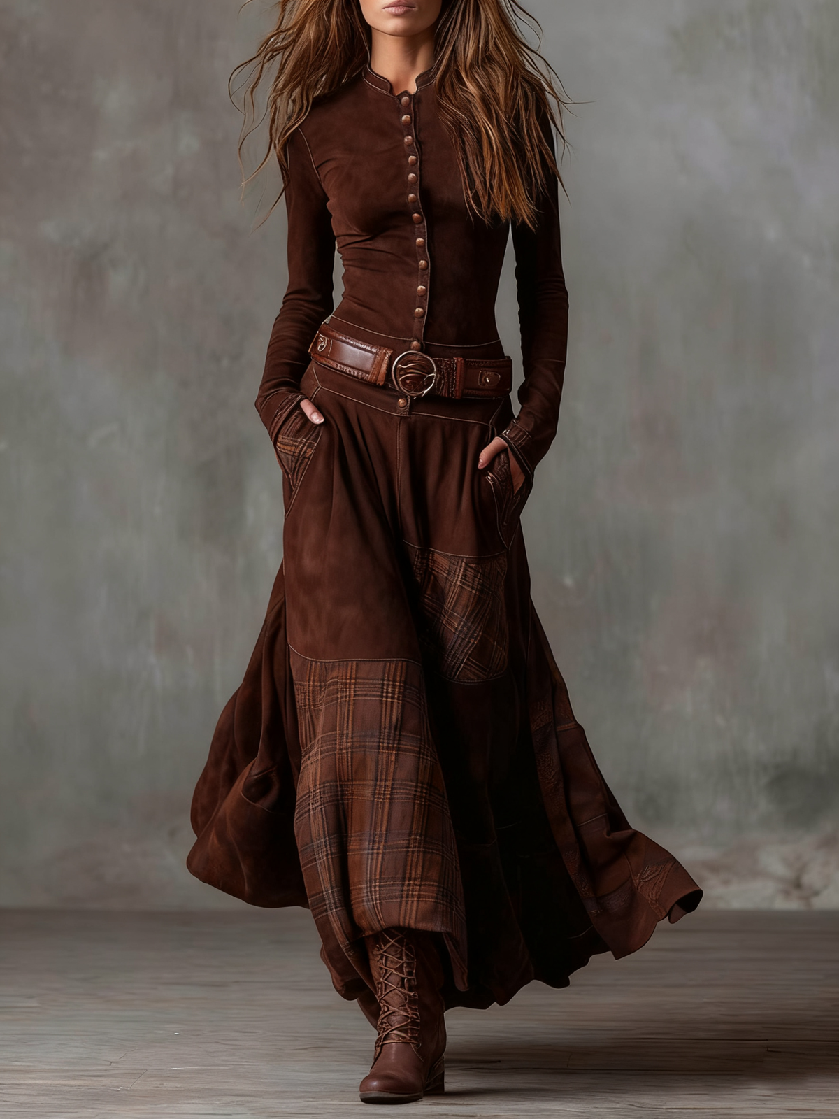 Vestido largo de antelina con cinturón «Elisa»