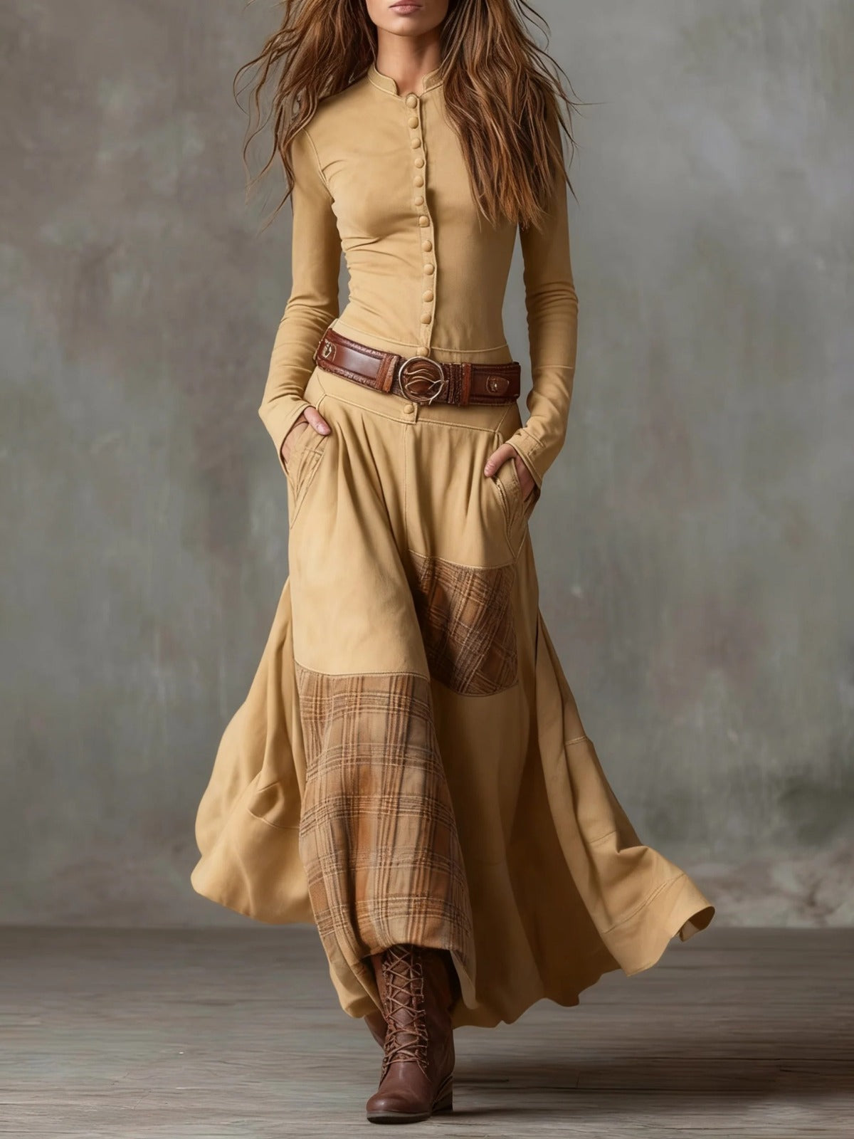 Vestido largo de antelina con cinturón «Elisa»