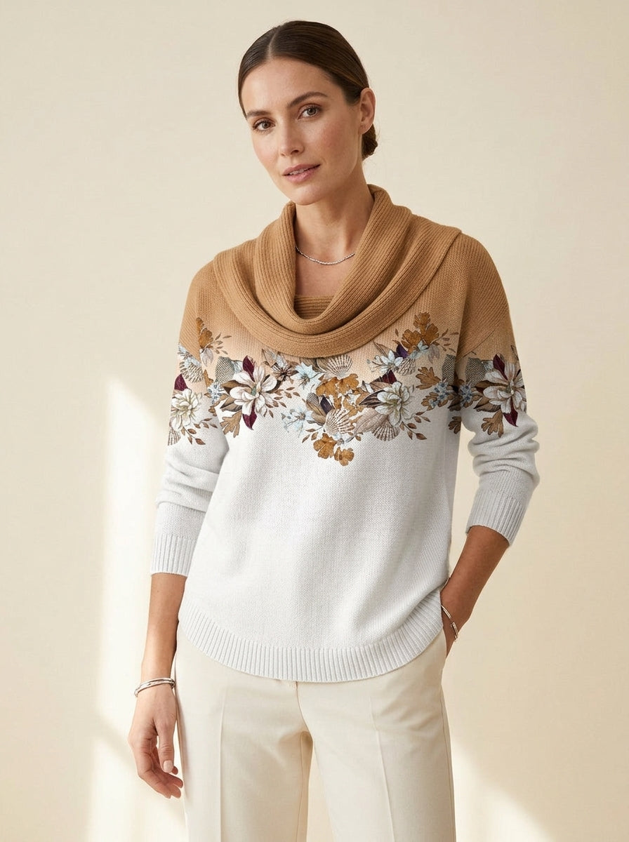 Jersey de punto floral con cuello drapeado Celeste, vista frontal