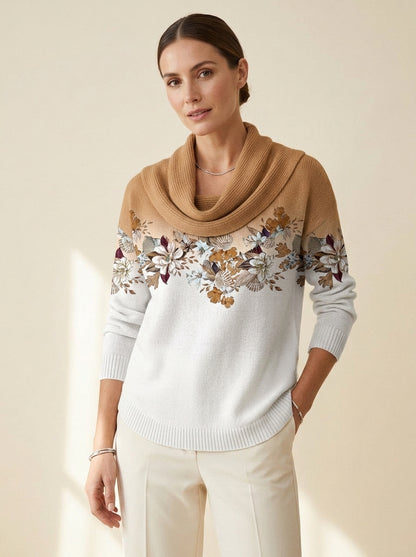 Jersey de punto floral con cuello drapeado Celeste, vista frontal