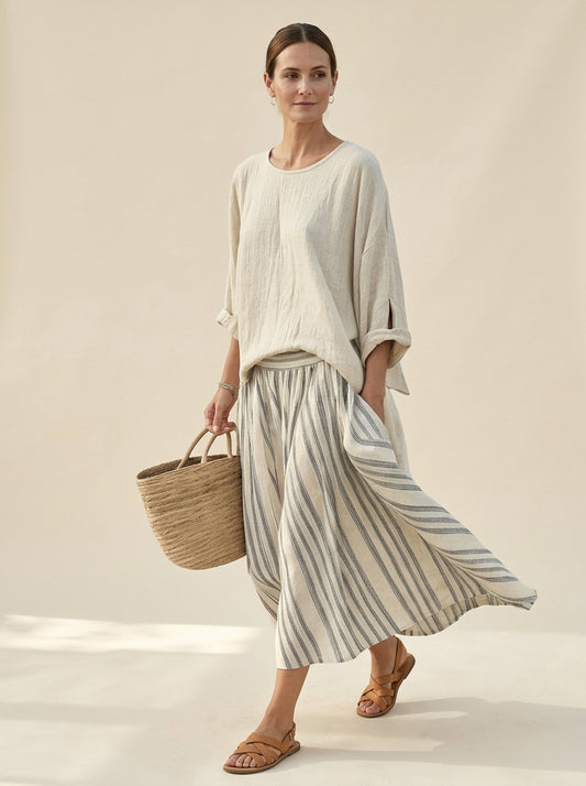Conjunto de blusa y falda midi a rayas Aurea, vista principal
